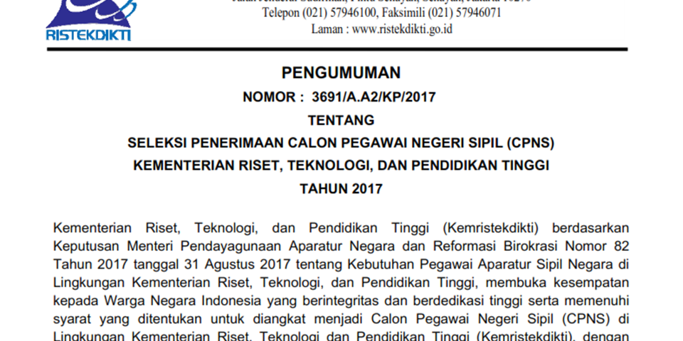 Pengumuman Cpns Kementerian Riset Teknologi Dan Pendidikan Tinggi Tahun 2017 Institut Teknologi Kalimantan