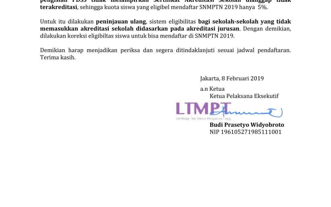 Surat Edaran LTMPT Kepada SMK Pada SNMPTN 2019