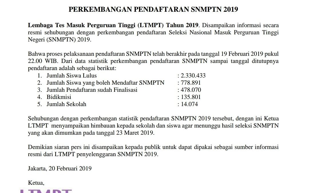 Siaran Pers Perkembangan Pendaftaran SNMPTN 2019