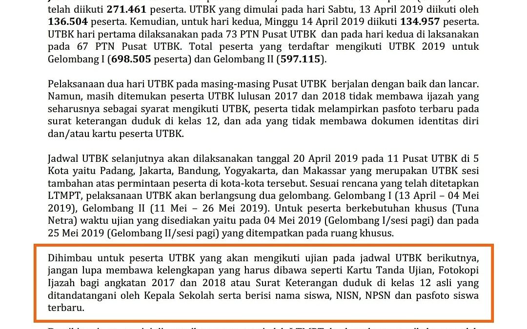 Siaran Pers Pelaksanaan UTBK 13-14 April 2019